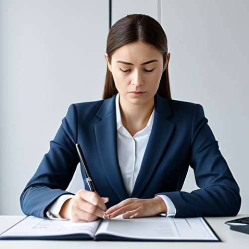 Home 22 A professional, female translator in a modest business suit, seated at a modern desk in a well-lit, contemporary office. She is focused intently on a document, with a thoughtful and intelligent expression, embodying the irreplaceable human touch in linguistic work. Subtle graphic elements on the screen suggest complex data or AI-assisted tools, emphasizing her role as a linguistic architect. Fully clothed, appropriate attire, professional dress, safe for work, appropriate content, family-friendly, perfect anatomy, correct proportions, natural pose, well-formed hands, proper finger count, natural body proportions, professional studio lighting, high detail, sharp focus.
