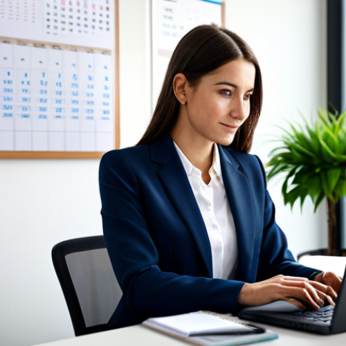 Home 20 **
A professional woman in a tailored, modest business suit, sitting at a clean desk in a modern office. She is working on a laptop, with a calendar on the wall showing a date in the current month. The background features blurred office activity and plants. Fully clothed, appropriate attire, safe for work, perfect anatomy, natural proportions, professional photography, high quality, family-friendly.
**