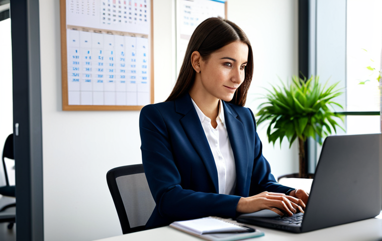 **

A professional woman in a tailored, modest business suit, sitting at a clean desk in a modern office. She is working on a laptop, with a calendar on the wall showing a date in the current month. The background features blurred office activity and plants. Fully clothed, appropriate attire, safe for work, perfect anatomy, natural proportions, professional photography, high quality, family-friendly.

**