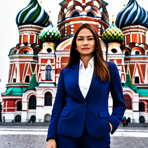 Home 18 통번역사 경력 개발 - **
A professional businesswoman in a stylish, yet modest, dark blue pantsuit, standing confidently ...