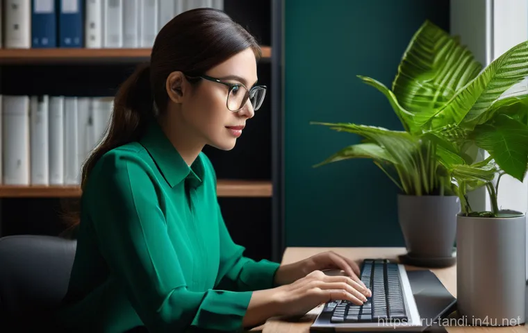 통번역사 이직 준비 방법 - **Prompt:** A focused professional translator, perhaps a woman in her late 30s, working diligently a...