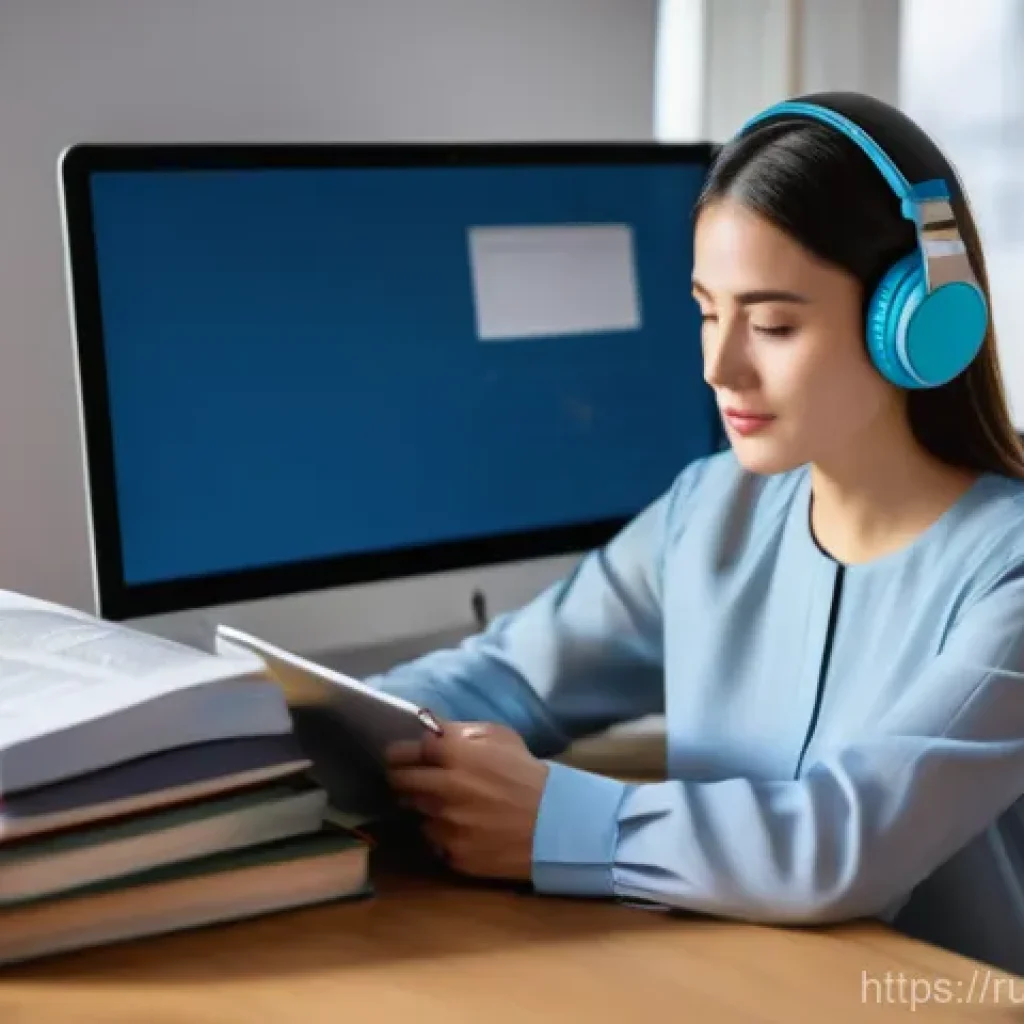 통번역사 업무 사례 - A professional female translator, early 30s, with a thoughtful and focused expression, seated at a m...