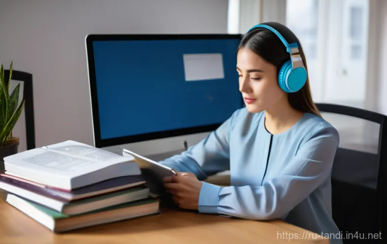 통번역사 업무 사례 - A professional female translator, early 30s, with a thoughtful and focused expression, seated at a m...