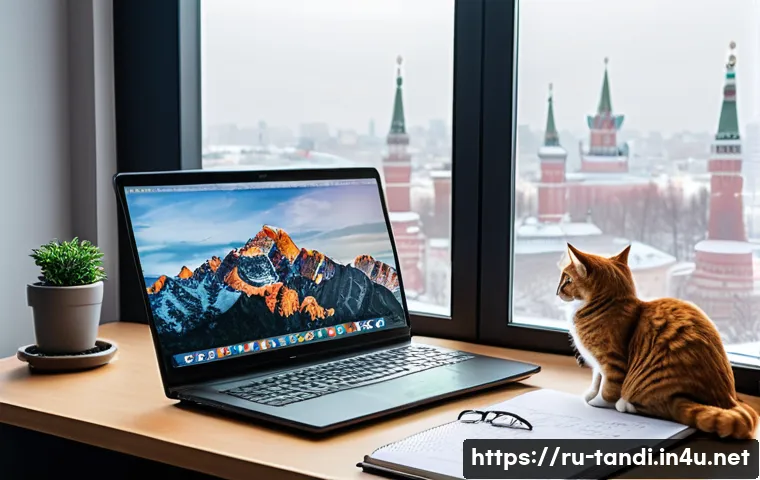 통번역사 직무 역량 강화 - A professional translator’s modern home office setup in Moscow, featuring a large monitor displaying...