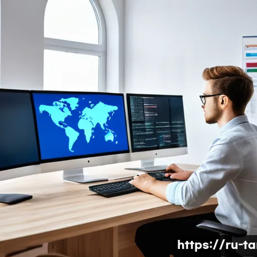통번역사 국내 번역 시장 분석 - A modern professional translator working at a sleek home office desk with multiple computer monitors...