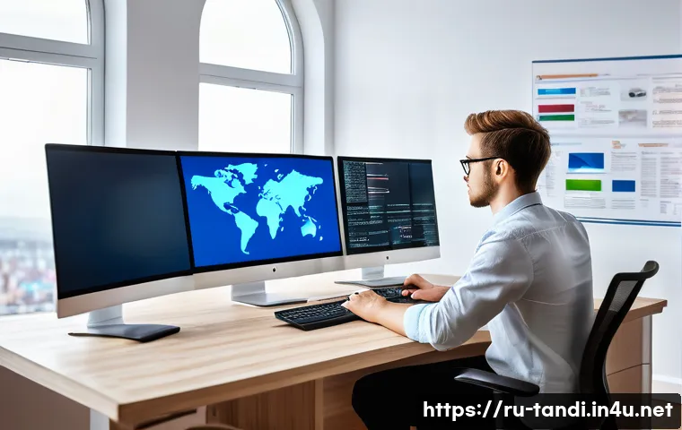 통번역사 국내 번역 시장 분석 - A modern professional translator working at a sleek home office desk with multiple computer monitors...
