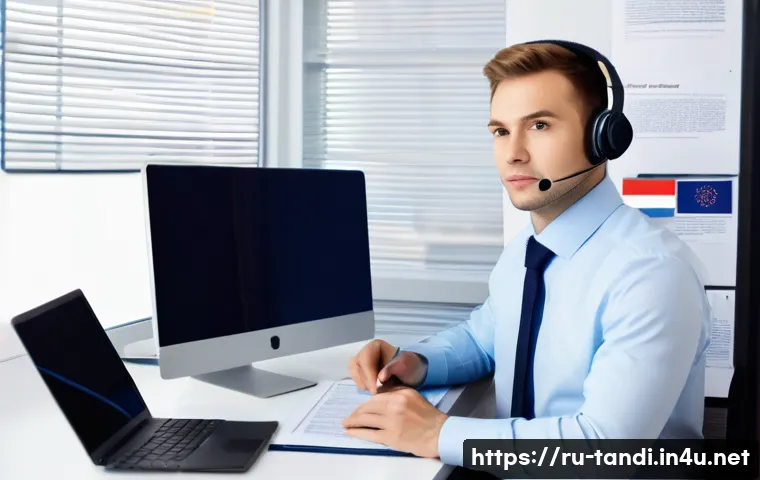 통번역사 자격 취득 방법 - A professional Russian translator at a modern workspace, surrounded by bilingual dictionaries, legal...