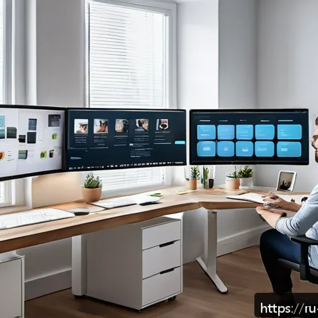 통번역사 최신 번역 기술 - A modern professional translator working at a sleek home office, using multiple monitors displaying ...