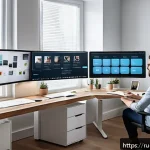 Home 21 통번역사 최신 번역 기술 - A modern professional translator working at a sleek home office, using multiple monitors displaying ...