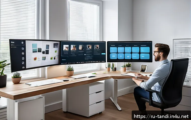 통번역사 최신 번역 기술 - A modern professional translator working at a sleek home office, using multiple monitors displaying ...