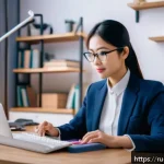 Home 20 통번역사 이직 면접 준비 - A professional translator sitting at a modern desk in a cozy home office filled with language dictio...