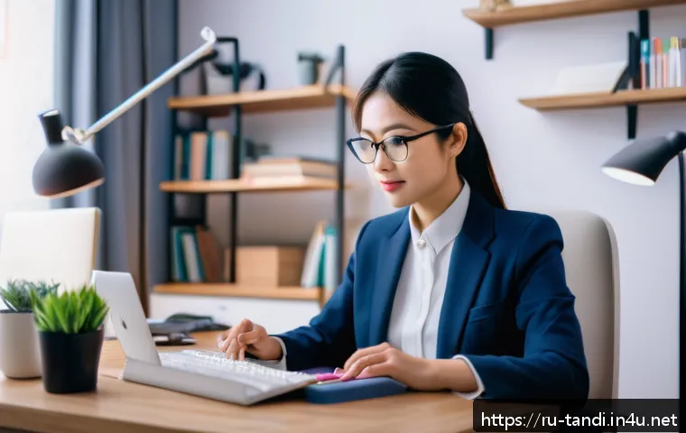 통번역사 이직 면접 준비 - A professional translator sitting at a modern desk in a cozy home office filled with language dictio...