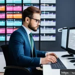 Home 19 통번역사 통번역사 직무 발전 - A modern professional translator working at a sleek, well-lit office desk surrounded by multiple hig...