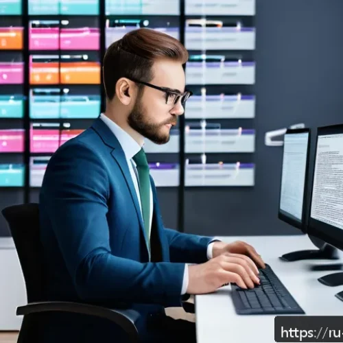 Home 31 통번역사 통번역사 직무 발전 - A modern professional translator working at a sleek, well-lit office desk surrounded by multiple hig...