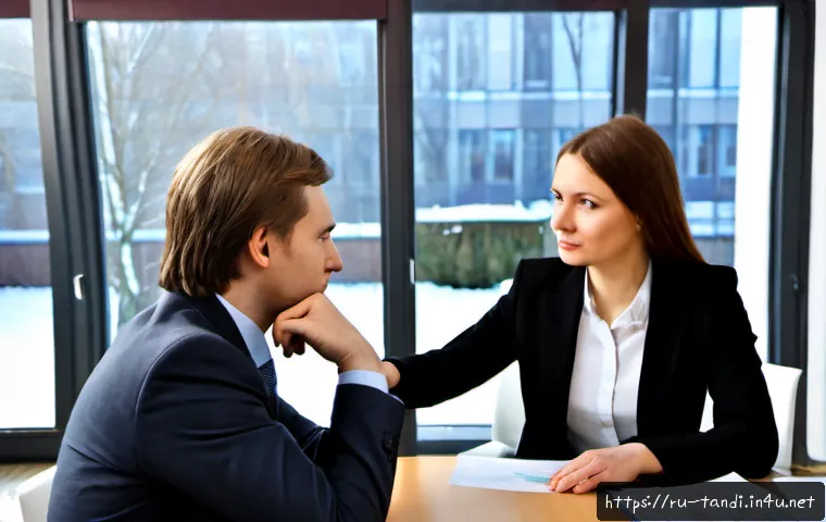 Home 17 통번역사 직장 내 갈등 해결 - Photorealistic modern Moscow office meeting, a professional Russian interpreter in smart business at...