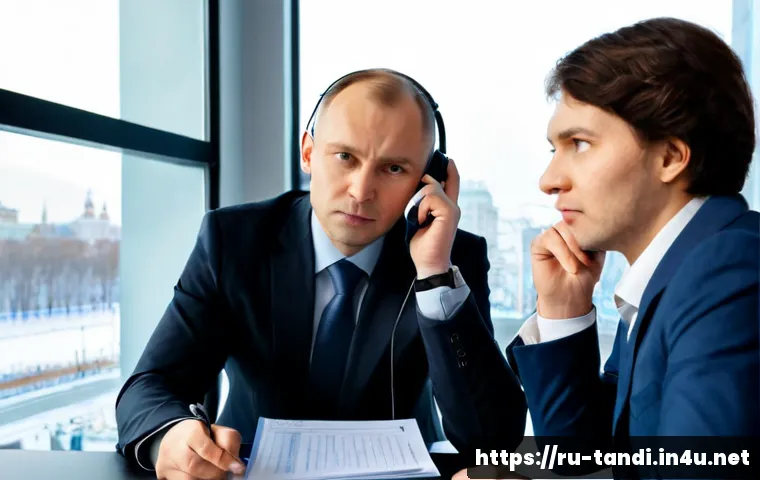 통번역사 번역 실수 사례 - Photorealistic Russian business meeting in a modern Moscow office, a professional interpreter wearin...