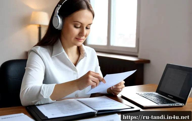 통번역사 통역사 포트폴리오 작성법 - Photorealistic professional interpreter building a portfolio at a neat home office in Moscow, mature...