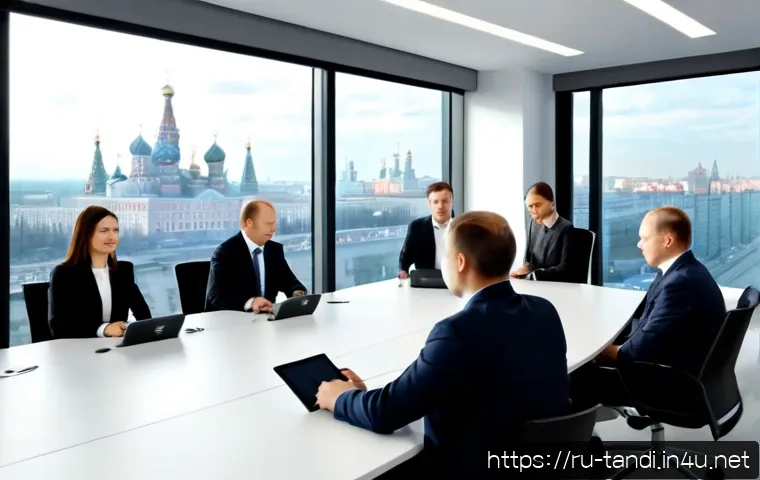 Home 17 통번역사 다국적 기업 번역 - Photorealistic corporate meeting in a modern Moscow office, a professional Russian-speaking interpre...